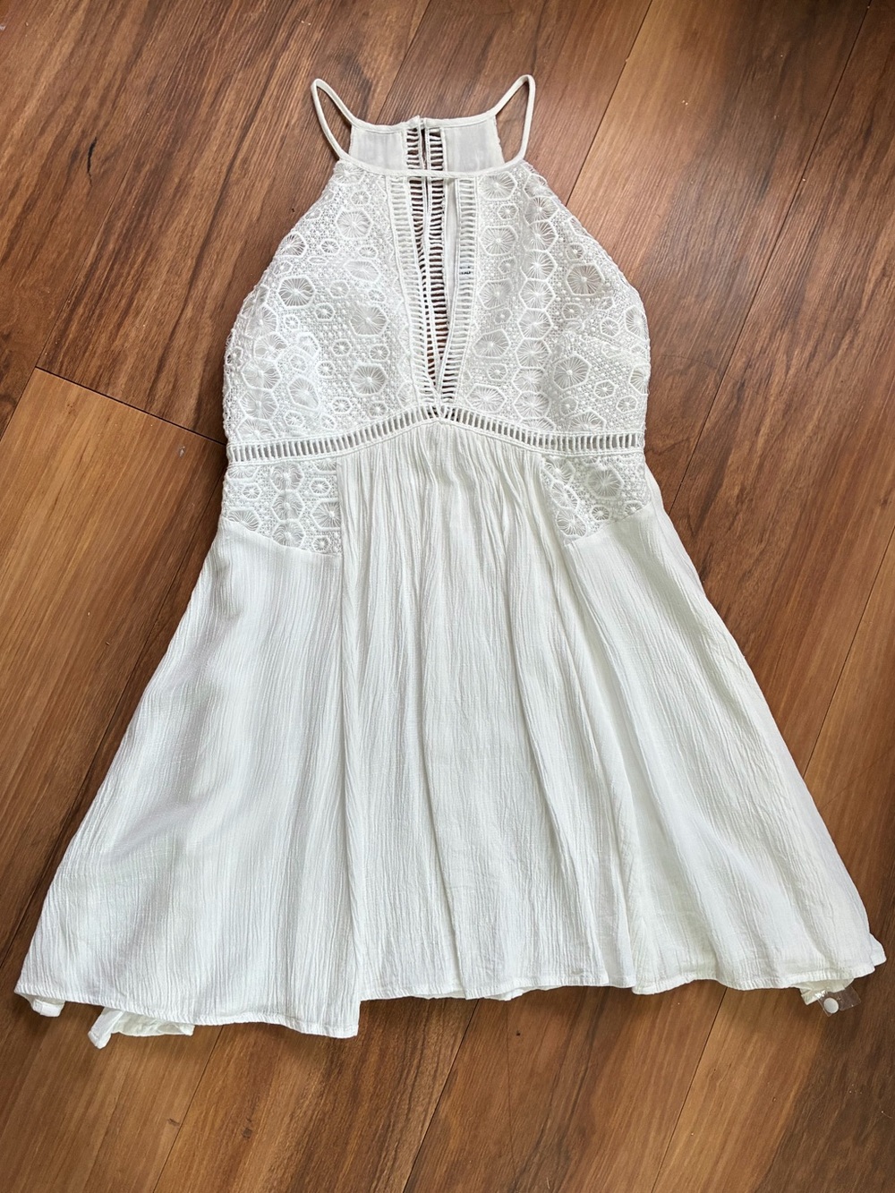 Lulus Lush White Crochet Lace Halter Mini Dress Boho Crinkle Gauze Small